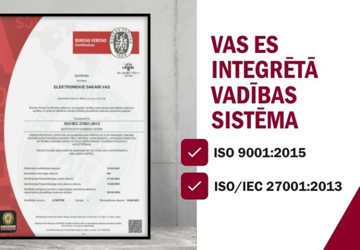 VAS ES saņemtais sertifikāts ISO 27001:2013, kas apliecina atbilstību informācijas pārvaldības drošības jomā