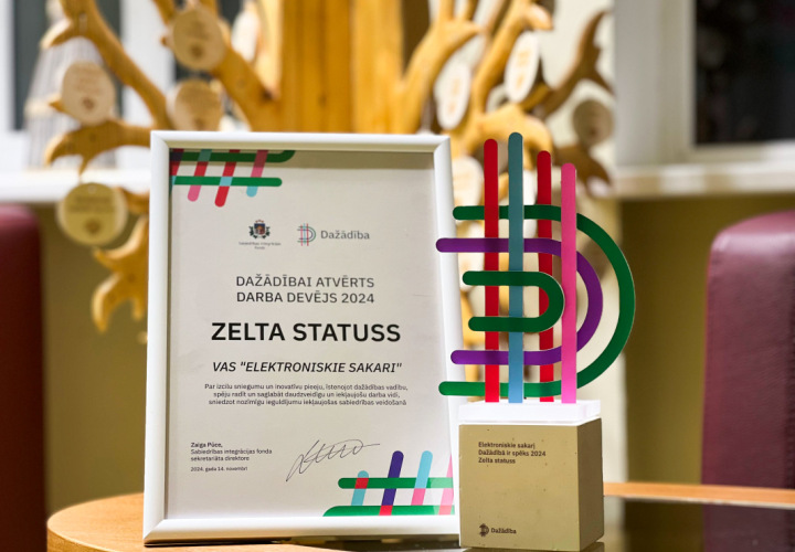 Fotogrāfija ar apliecinājumu un trofeju, kas piešķirti VAS 'Elektroniskie sakari' par Zelta statusu programmā 'Dažādībai atvērts darba devējs 2024'. Rāmis satur tekstu par uzņēmuma sasniegumiem daudzveidības un iekļaujošas sabiedrības veidošanā, un fonā redzams koka dekors ar simboliskiem elementiem.